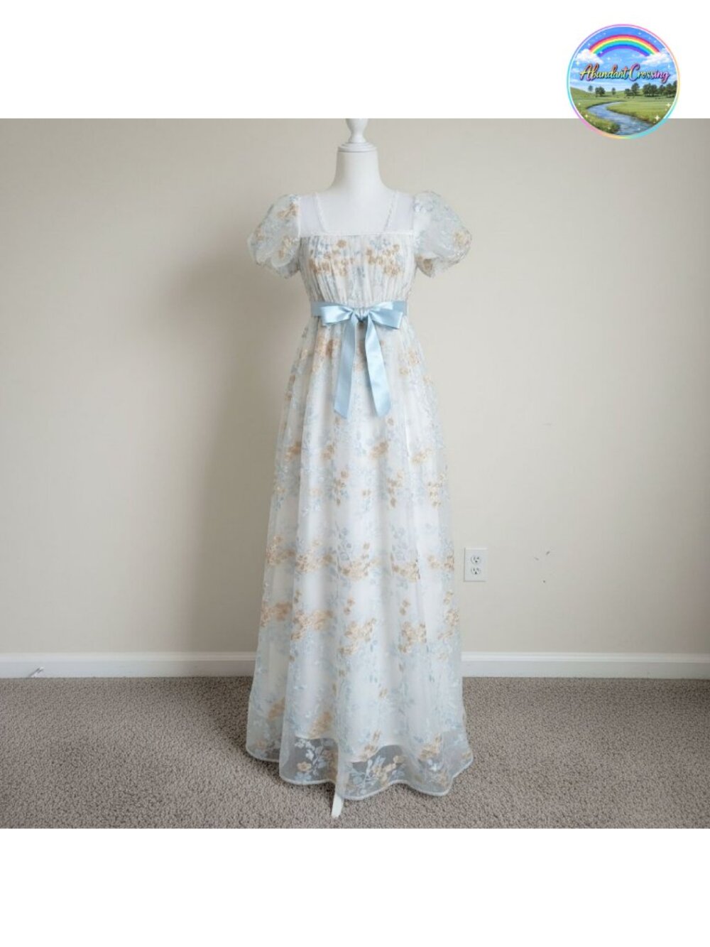 Regency Dress Women Empire Waist Victorian Gown Embroidered Tea Party Costume